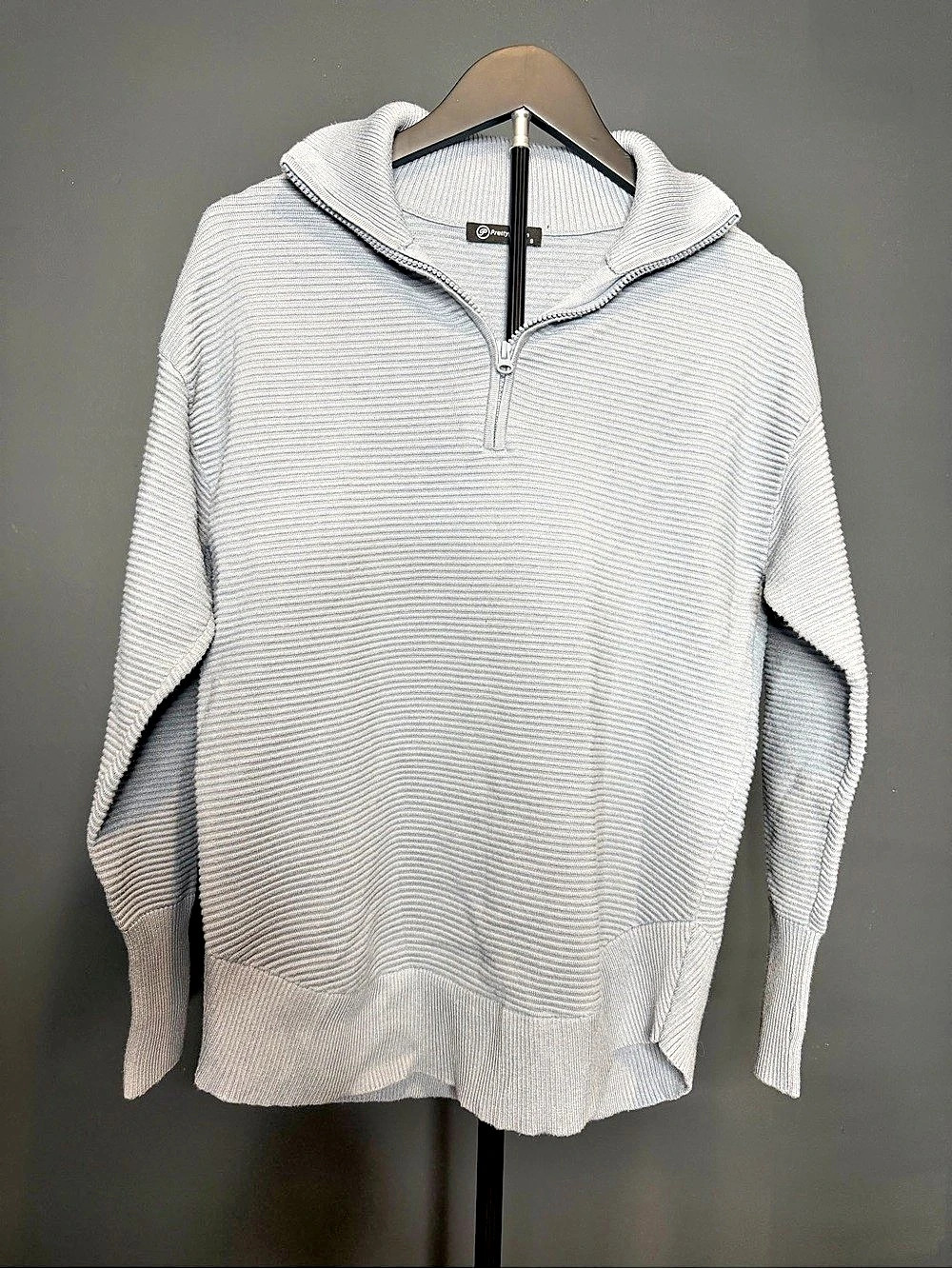 PrettyGarden Long Sleeve Zip Pullover Ribbed Knit Sweater Gray/blue small